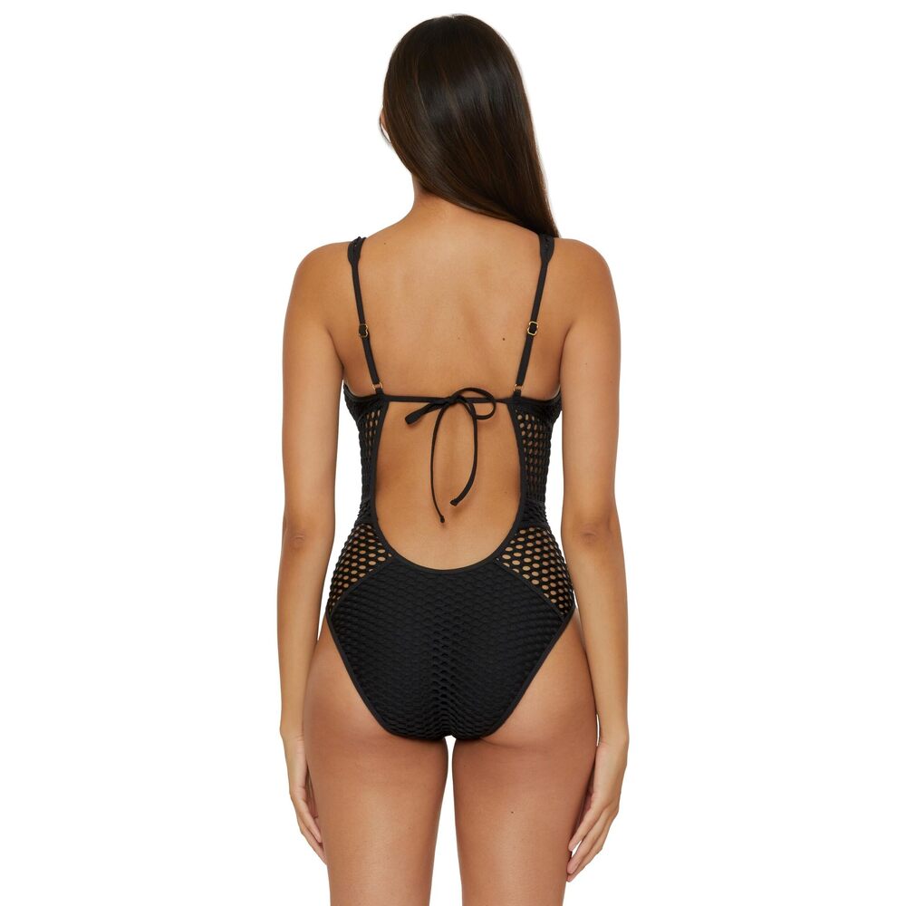 BECCA Color Play One Piece Swimsuit Plunge Neck Black Crochet L Large - Picture 3 of 8